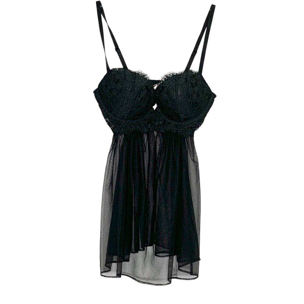 Victorias Secret 34C NEW Womens Lingerie Black Chiffon Lace Bra Chiffon Skirt